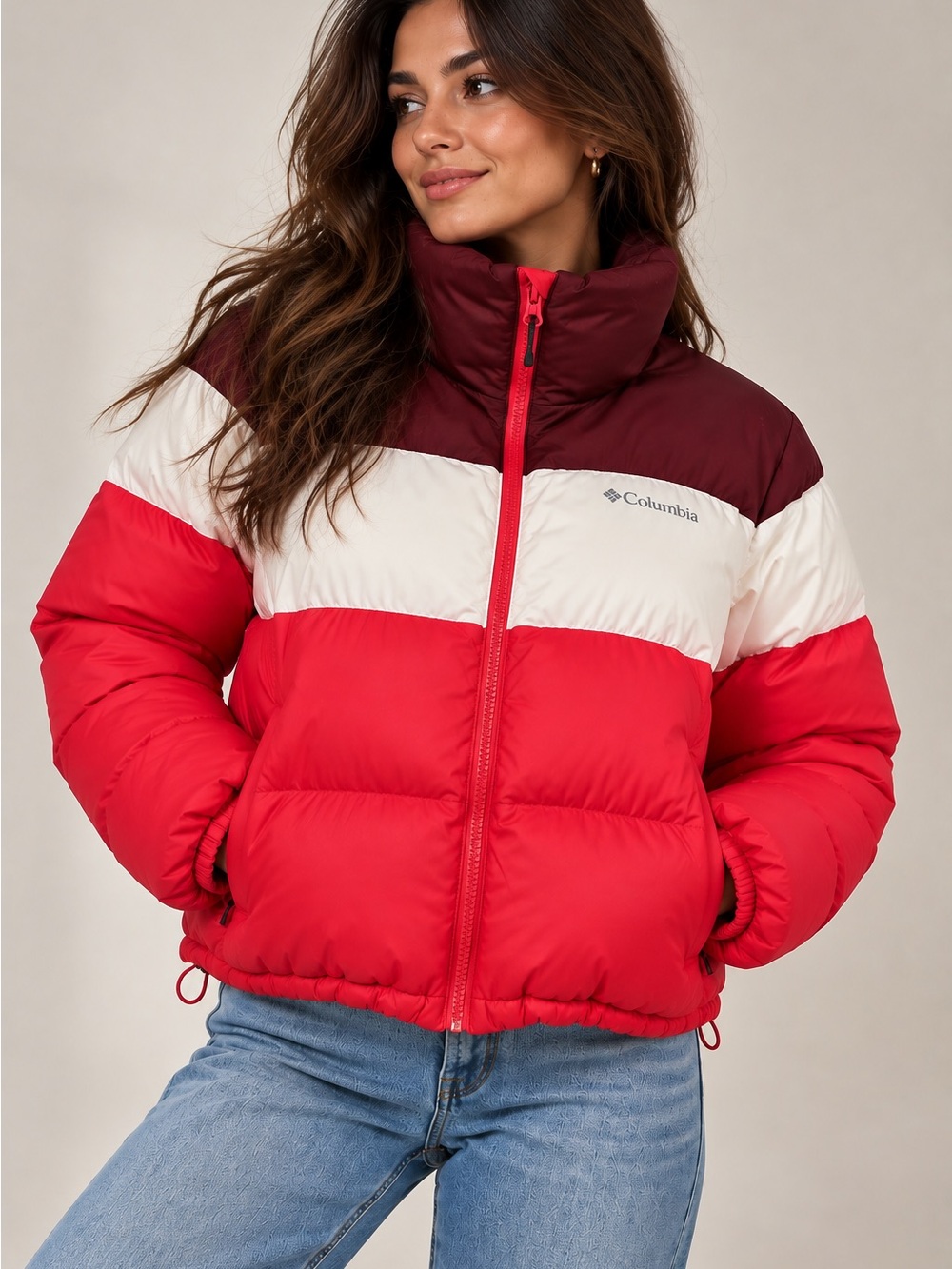 Columbia Women's Red, Burgundy & White Colorblock Puffer Jacket